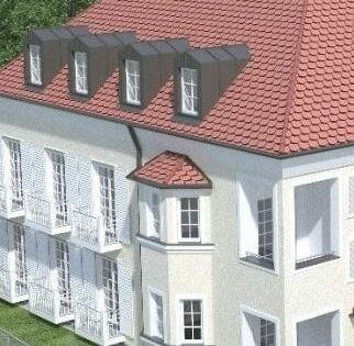 Villa mit Hotelanbau mit mehreren Dachgauben zur Wohnraumerweiterung im Obergschoss